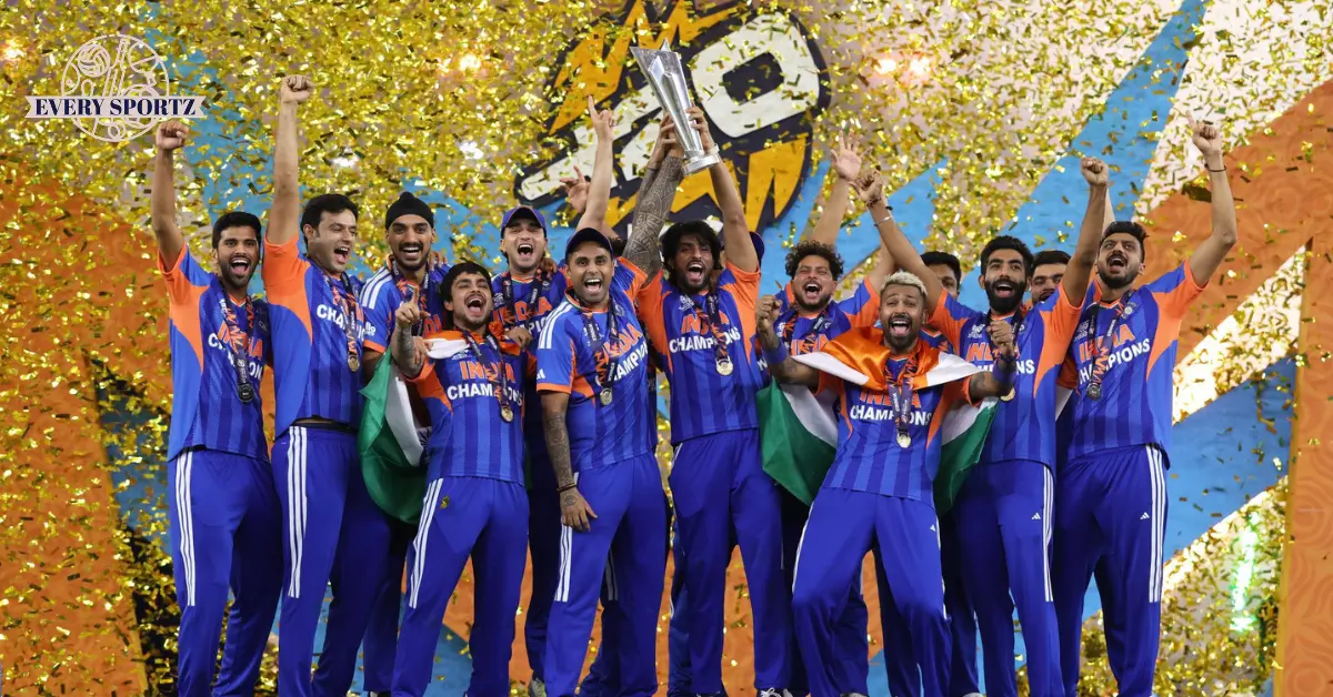 India celebrating T20 World Cup 2026 trophy win at Ahmedabad